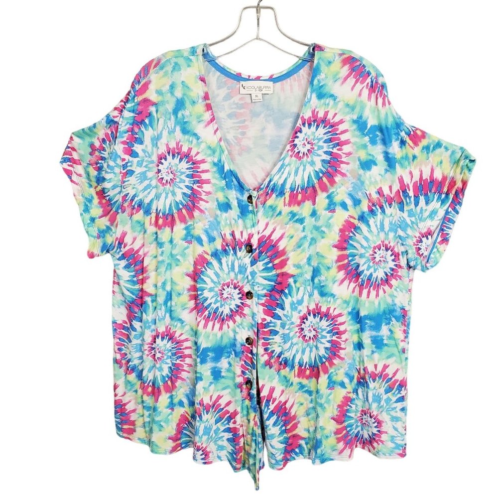 UGG Koolaburra Size XL Shirt Tie Dye Swirl Stretch Jersey Knit Button Up V-neck - Picture 2 of 10